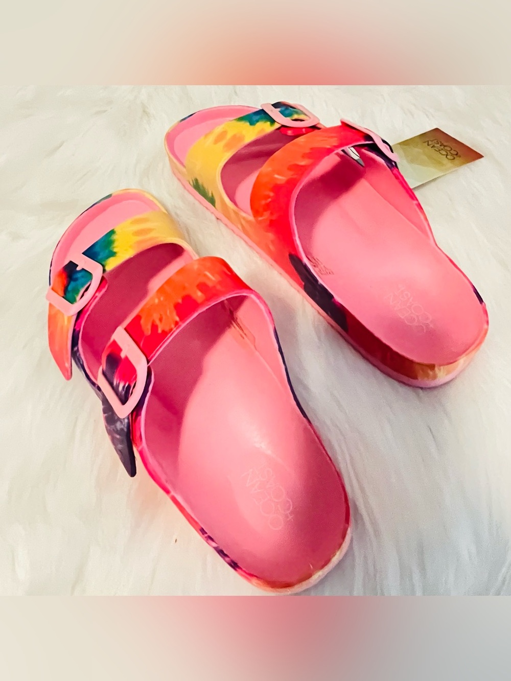 Ocean Coast Women’s Pink Tie-Dye Double Buckle Slide Sandals, Slip-On Size 10 - Picture 4 of 7